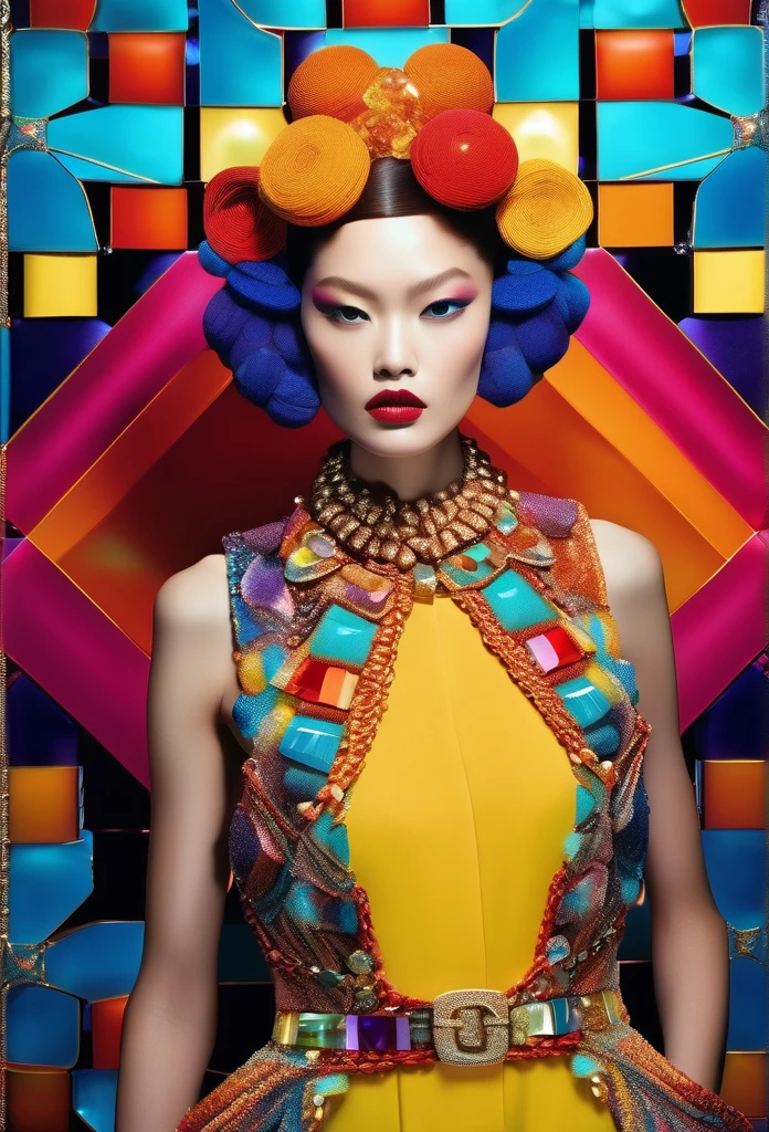 a handsome female, Plush cotton costume, Haute Couture Fashion Photography,
In the style of Junko Koshino、 Colorful, Eye-catching anaglyph composition,
Bright palette, A play of light and shadow, The aesthetics of patchwork collage,
Olivia Gibbs Haute Couture, full length, Blooming crystal, Sparkling sunshine,
Hairsh, Decorated with crystal beads, placed in loose braids,, Couture is complex
Velvet dress with soft fabric, Shiny Diamond Necklace, Chain earrings with collar,
Long Ending, Bright, livestream, Colored;, Fashion magazine style,
In the style of Chanel, the golden ratio、Masterpiece、top-quality