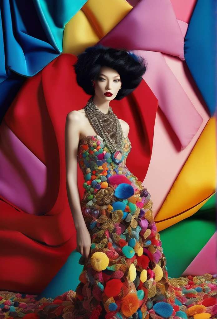 a handsome female, Plush cotton costume, Haute Couture Fashion Photography,
In the style of Junko Koshino、 Colorful, Eye-catching anaglyph composition,
Bright palette, A play of light and shadow, The aesthetics of patchwork collage,
Olivia Gibbs Haute Couture, full length, Blooming crystal, Sparkling sunshine,
Hairsh, Decorated with crystal beads, placed in loose braids,, Couture is complex
Velvet dress with soft fabric, Shiny Diamond Necklace, Chain earrings with collar,
Long Ending, Bright, livestream, Colored;, Fashion magazine style,
In the style of Chanel, the golden ratio、Masterpiece、top-quality