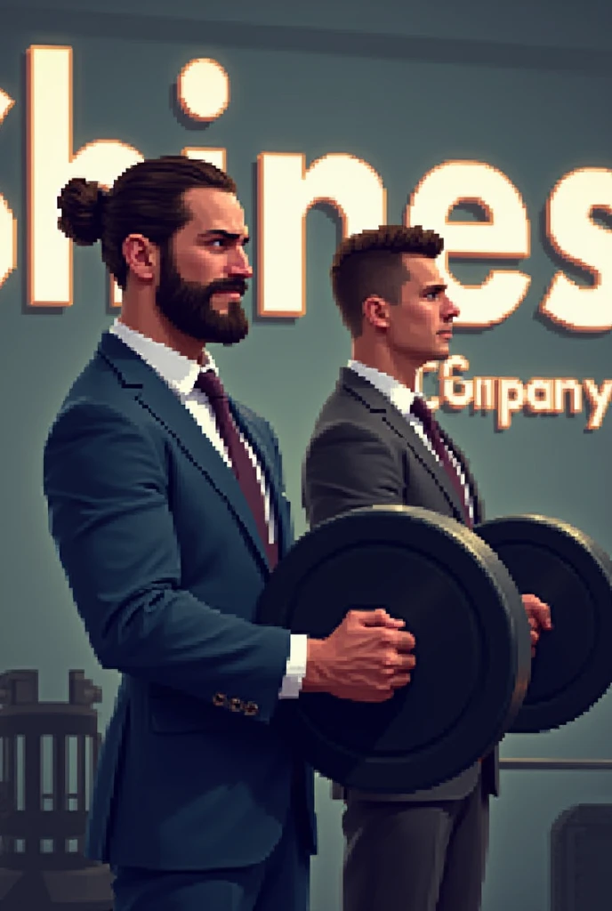 art all done in pixel art.
First Man: He is wearing a smart suit, Dark in color, such as black or navy blue, and her hair is tied in a bun. He is in a weightlifting pose, with tense muscles and a face showing great strength and effort. The facial expression is intense, with frowning eyes and slightly open mouth, highlighting physical effort.
Second Man: Next to the first, there is a second man with short pompadour hair, and a thinner face. He has a brown skin color and is also lifting weights., with an expression of concentration and determination. The topknot hair is drawn with details, as if it were well combed.
In the background of the image, is written "Shines Company" in large, visible letters. The text is designed to blend into the setting, with a shine or highlight effect, so that it stands out without distracting from the characters and the weightlifting action.
THE BACKGROUND IS SIMPLE, possibly with some gym equipment or a neutral pattern, to keep the focus on the men and the text. Lighting should highlight both characters and weights, with shadows to add depth and realism to the scene. the art all made in pixels