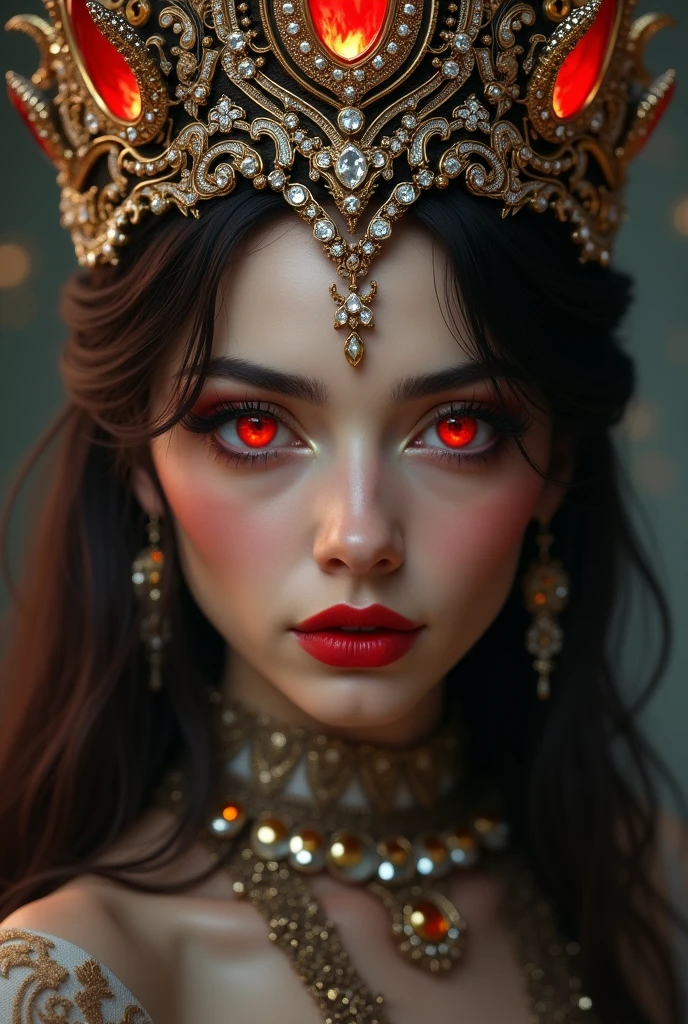 woman face, upper body, brunette, red irises like burning embers, SHE HAS FIRE IN HER EYES. wearing a beautiful ornamental crown, with diamonds and gold and silver details, brown hair, red lips, outlined eyes.