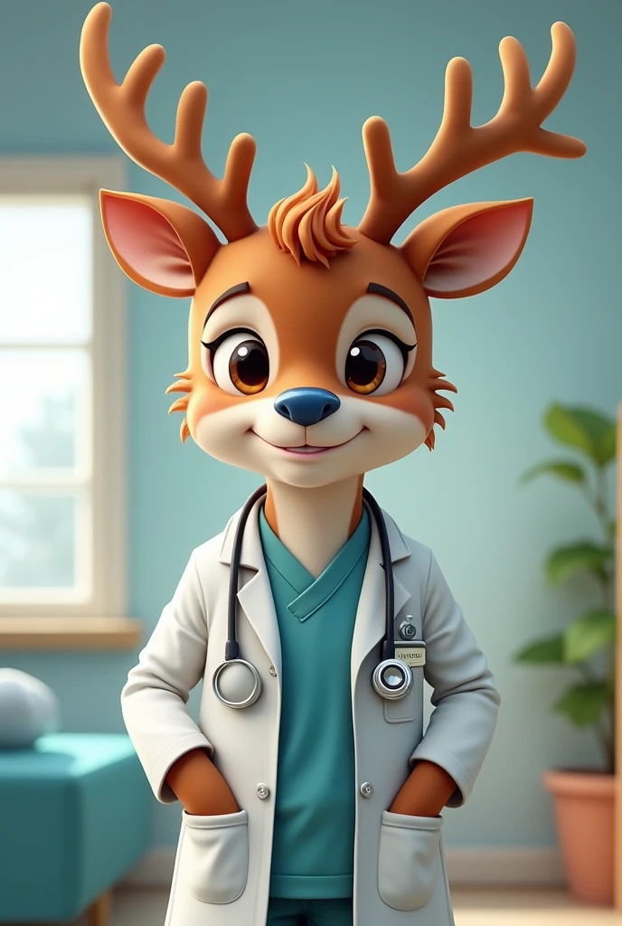 Make a reindeer boy with a cute little blue nose and he is a doctor