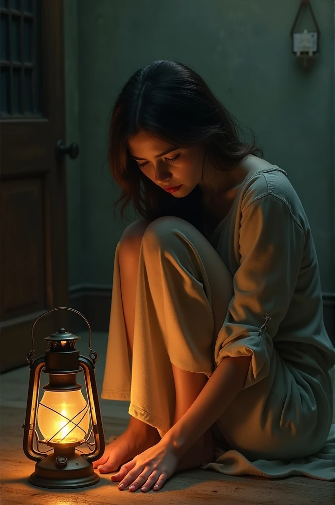Image of a woman sitting on the floor in the dim light of an old lantern, crying.