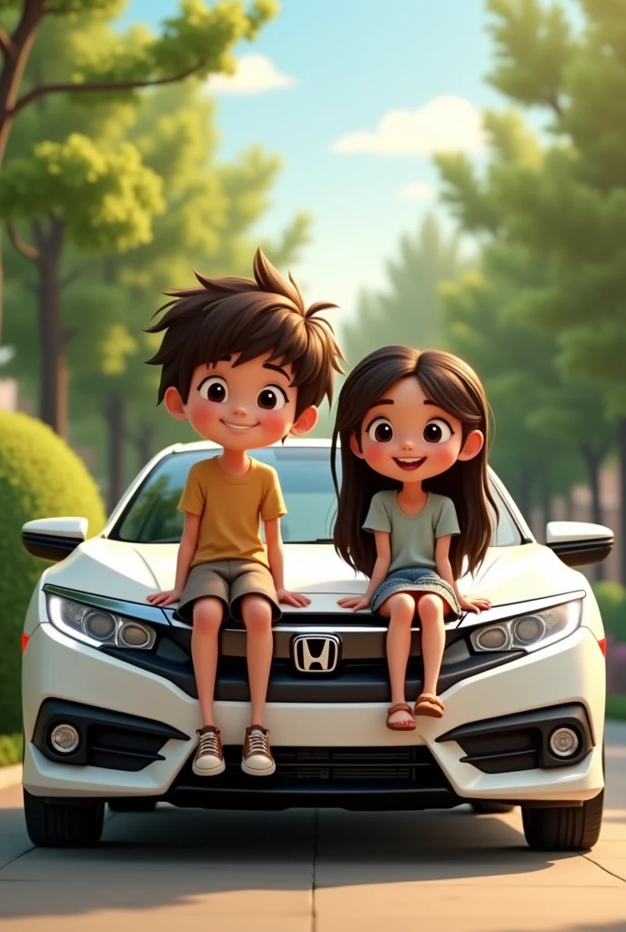Create a boy name Mohaimen & girl name saira sitting on car front name them please and car is honda civic