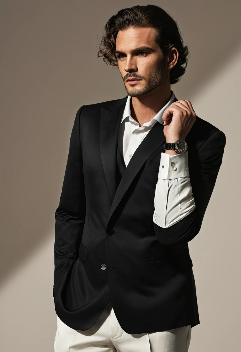 a man in a black suit, long sleeves, cuffed sleeves, hands in pockets, serious expression, looking straight, elegant formal attire, photorealistic, 8k, high quality, cinematic lighting, dramatic lighting, chiaroscuro, moody atmosphere, realistic, hyper-detailed, award winning, masterpiece，Clear hand outlines, clear fingers, correct number of fingers, realistic skin color