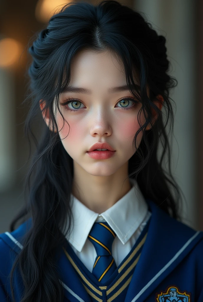 (photorealism:1.2), has a pink complexion, a diamond-shaped face, a trumpet-shaped nose, round blue-grey eyes, long, half-tied black hair, full lips and wears a ravenclaw uniform
she is not asian please