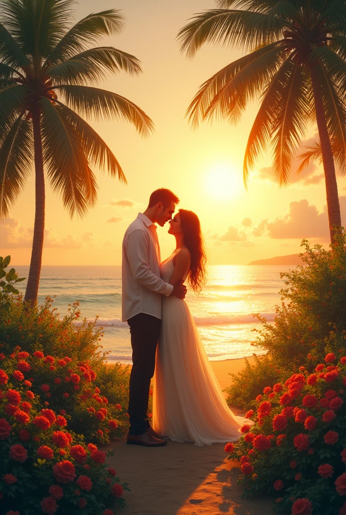 A beautiful flowery landscape with palm trees and sea and the sun shining a beautiful love story