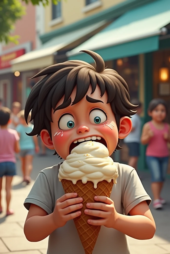 A person eating an ice cream cone at outside a building where there are shops that is too big for their mouth and getting it all over their face, looking like they're about to cry from the pain.