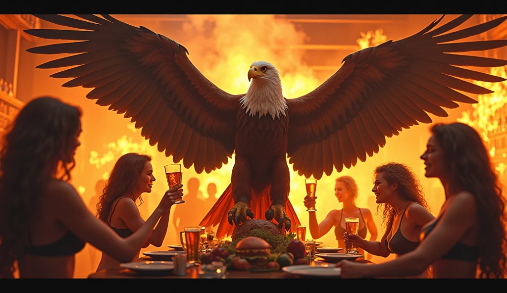Eagle in fire drinking beer with german dancing bikergirls in german cafe in fire