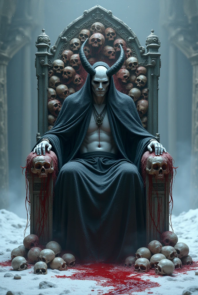 Satan in snow skin in chair made up of skull with blood flow