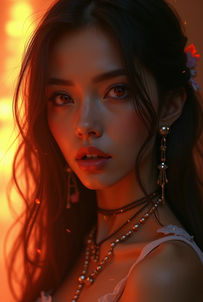 length hair, Brown hair, 1 girl, red eye,jewellery,fang, Sparkle effect, Backlight, ear rings, fang,