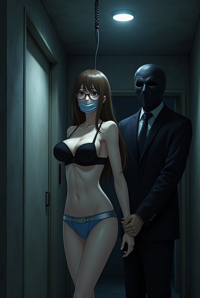 sekijou sawako, shibari, bondage, bound, brown eyes, brown hair, long hair, black eye glasses, arms up, stripped, best quality, ultra-detailed, high resolution, extremely detailed cg, unity 8k wallpaper, masterpiece, perfect skinny body, injured body, femsub, BDSM, light blue panty, black bra, small breasts, at night, hanging in the ceiling, dark room, teary-eyed, duct tape gagged, over the mouth gag, Sekijou Sawako, abandoned room, tied up wrist together to ceiling, tied up ankle together, standing nearby wall, bracing, with a man, black suit, black mask, holding her neck, choking her,