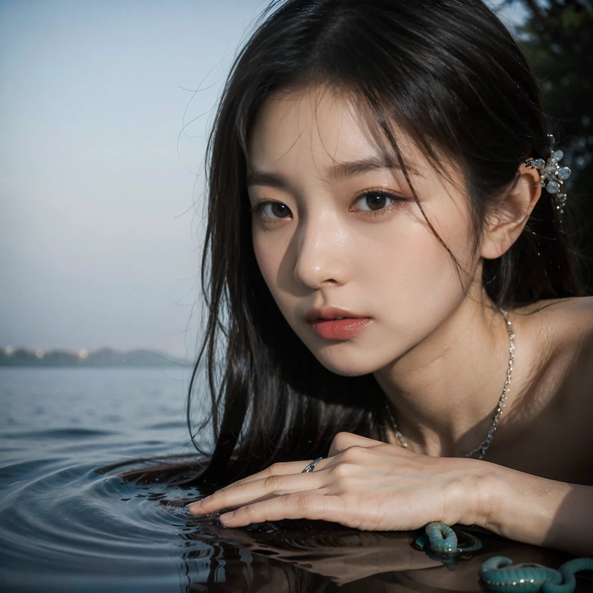 ((Top Quality)), ((Masterpiece)), ((Details)), upper body, (big eyes: 1.2), ((close-up: 1.2)), More Saturation, strong reflections, bright shade, Place the girl in the foreground at large, ((Surrealism: 1.3)), "Veil of Serpentine Mist" In a foggy lake, a young girl walks through the thin mist that hangs like a curtain. At her feet, a snake quietly slithers, but she moves forward unafraid. Beyond the mist, something awaits her.