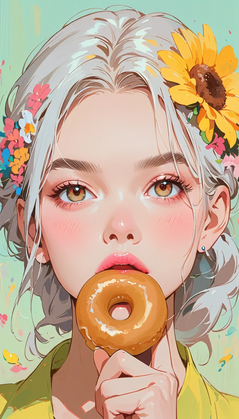 (masterpiece、Highest quality: 1.2)、1 girl、、Anime Style、Gray Hair、Pink Lips、E-Wave Hair、Gnawing on donuts、In the style of famous portrait painters、Light Blue Background。