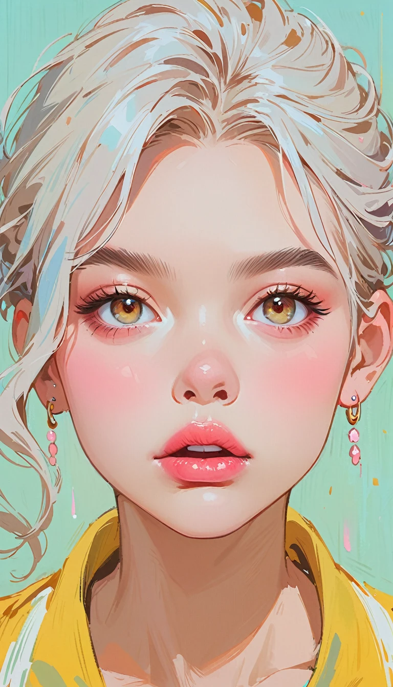 (masterpiece、Highest quality: 1.2)、1 girl、、Anime Style、Gray Hair、Pink Lips、E-Wave Hair、Gnawing on donuts、In the style of famous portrait painters、Light Blue Background。