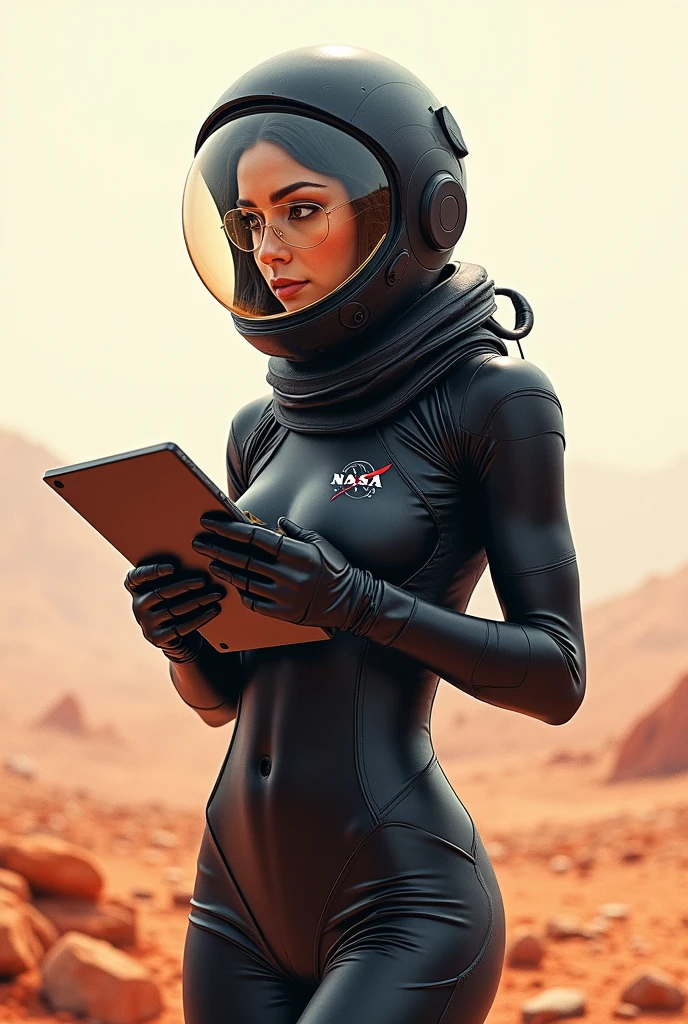 (8K, best quality, masterpiece:1.2),(best quality:1.0), (Ultra-high resolution:1.0), watercolor, A beautiful woman, Shoulder , Extremely bright design, Soft colors, (ink:1.3), Light from space, Latex tight space suit, Black Gloves, Black pants, Half-closed black helmet, Translucent grey mask, Gold-rimmed glasses, fit, Holding a ThinkPad notebook, Standing on Mars,Nasa logo on clothes,