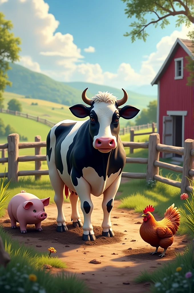 A corral on a farm with a cow, a pig and a chicken, hyperrealistic