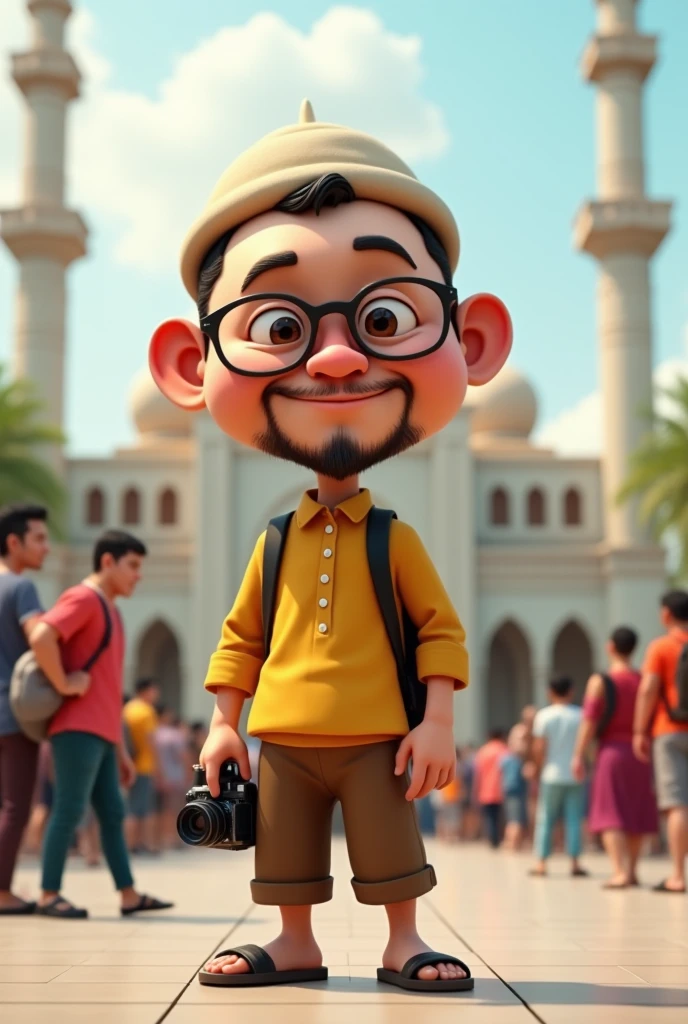 3d caricature, very big head with , photo of an Asian man wearing a muslim hat and thick glasses, reddish nose, chubby cheeks, thin beard, yellow clothes, brown 3/4 trousers, flip flops, carrying a camera and backpack, masjid background, crowd