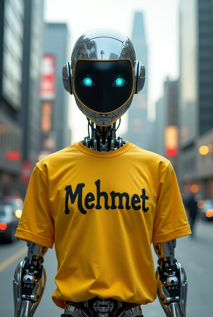 A robot wearing a yellow T-shirt with Mehmet written on it as a signature