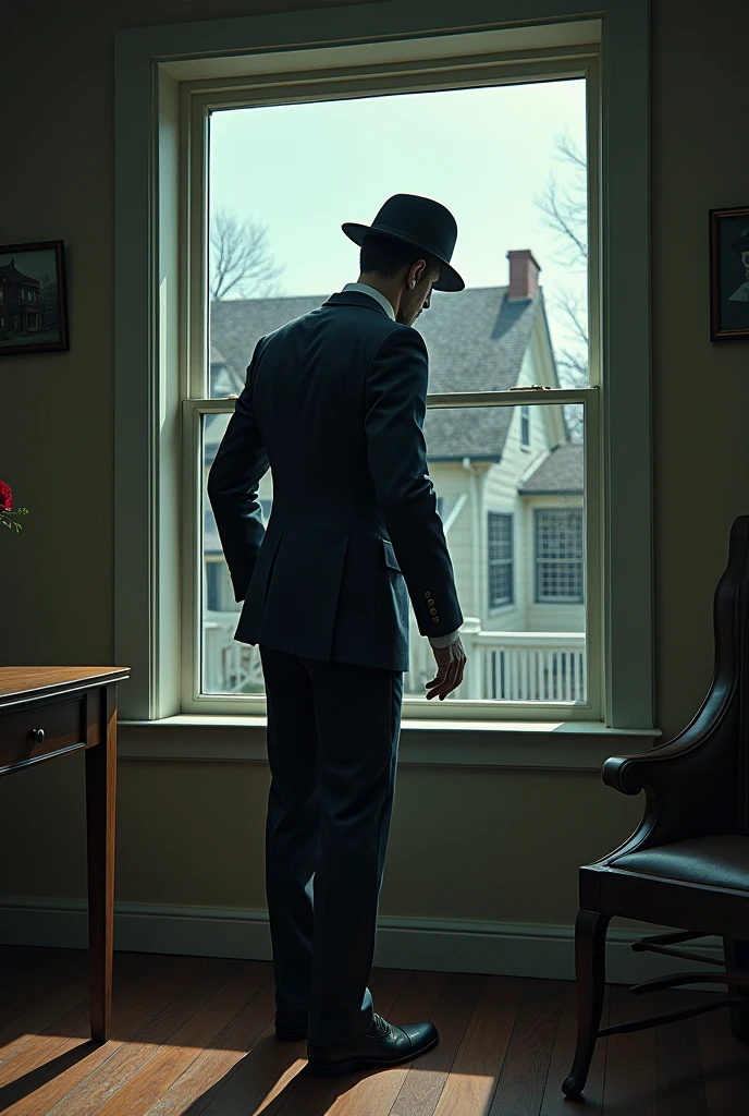 A weird man wears suits and hat looking the house by window at outside* of the house
