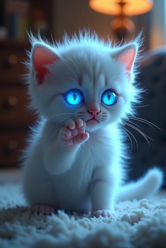 The kitten lets out a surprised meow, pulling its paw back. It sits down, licking the spot where it was bitten, but something strange begins to happen. The kitten’s blue eyes glow with a new intensity, and it starts to feel different—stronger, more agile.