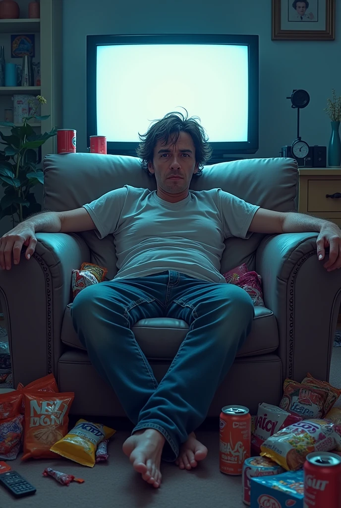 Viñeta 1: The Sedentary Life
(Image: Alex sitting on the couch, surrounded by snacks and watching television.)
Dialogue:
Alex: "I have no energy for anything... I just want to stay here."