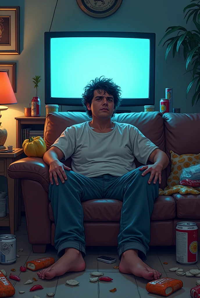 Viñeta 1: The Sedentary Life
(Image: Alex sitting on the couch, surrounded by snacks and watching television.)
Dialogue:
Alex: "I have no energy for anything... I just want to stay here."