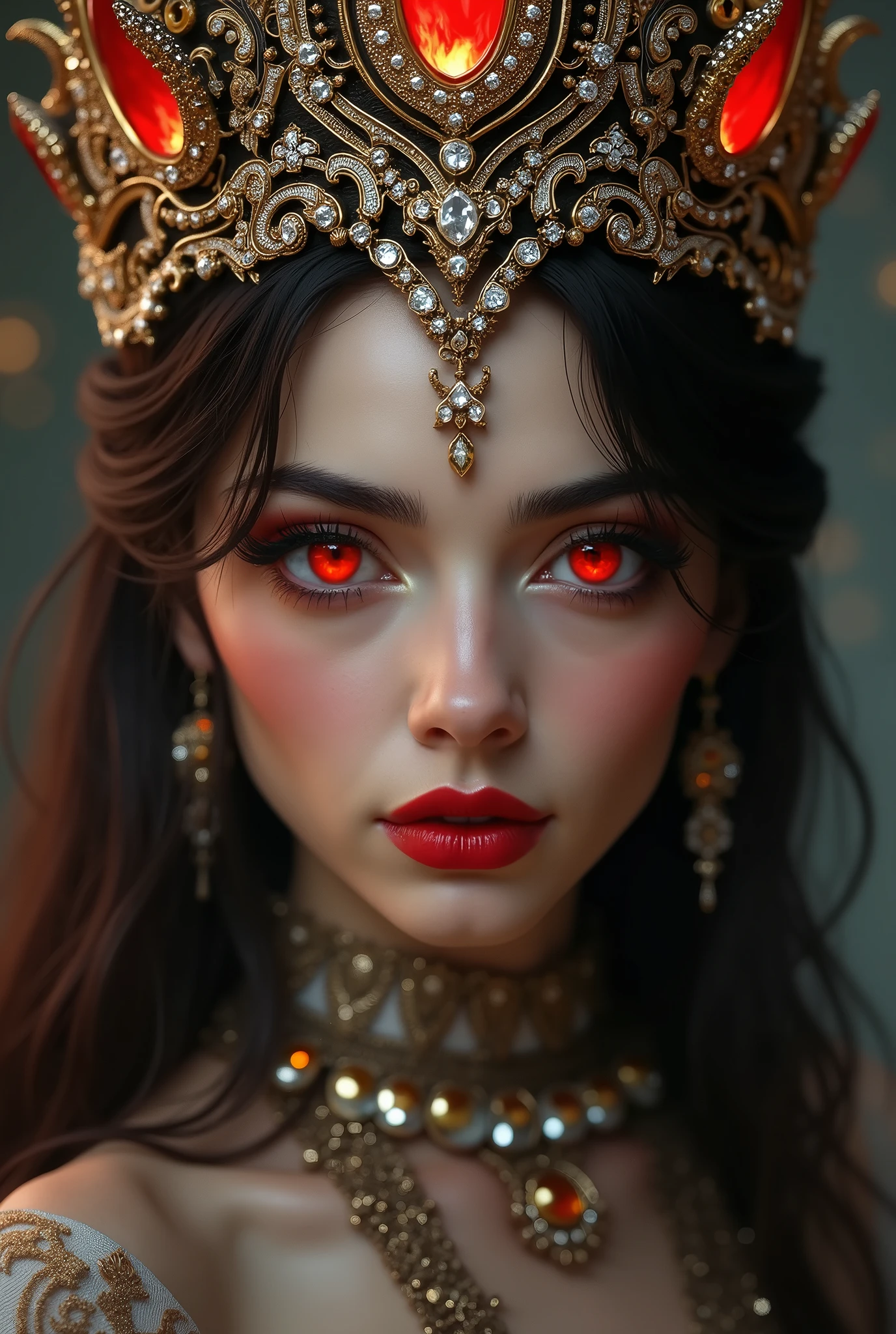 woman face, upper body, brunette, red irises like burning embers, SHE HAS FIRE IN HER EYES. wearing a beautiful ornamental crown, with diamonds and gold and silver details, brown hair, red lips, outlined eyes.