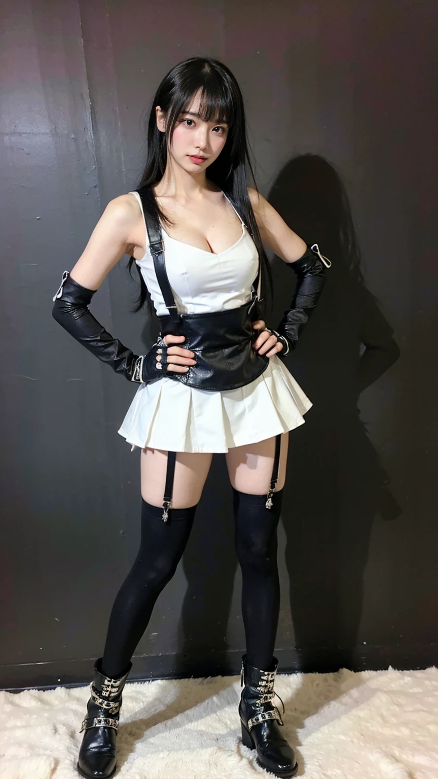 (8k、RAW Photos、Highest quality、masterpiece:1.2)、(Realistic、Realistic)、1 person、((black and white、Cleavage、tights、Gloves、Garter Ring、mini skirt、Thin legs、whole body、boots、View from the front、Looking into the camera、Stand with hands on hips))、cute