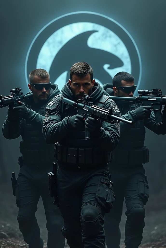 create an image of a shooting game SQUAD with a symbol of a shark with a dark background.