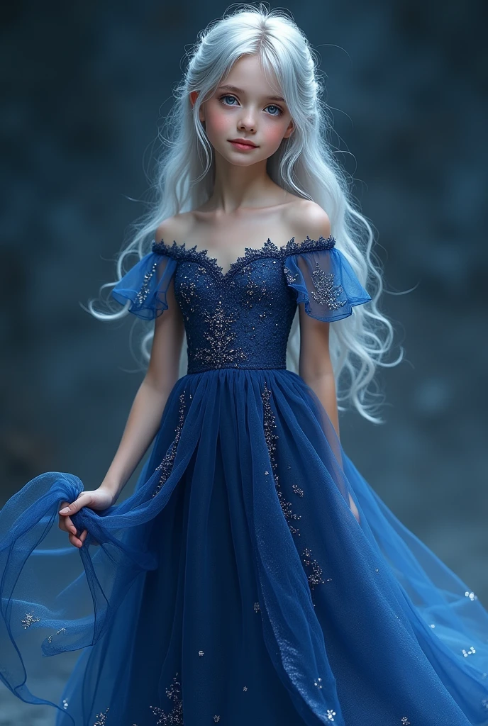 A sliver hair girl with bright blue eyes Adora’s dress, a gift from her grandfather, was a masterpiece of elegance and grace. Crafted from shimmering, midnight-blue silk, it flowed like liquid moonlight with every movement. The bodice was adorned with intricate embroidery, featuring delicate patterns of silver threads that caught the light and sparkled like stars. The skirt, cascading in layers of soft fabric, brushed the floor with a gentle swish, creating a fluid silhouette that seemed almost magical. The dress’s high neckline was framed with a subtle lace trim, adding a touch of timeless sophistication, while the delicate, off-the-shoulder sleeves fell gracefully, enhancing the dress’s ethereal quality. It was a garment that not only celebrated her beauty but also spoke of her grandfather’s deep affection and attention to detail.