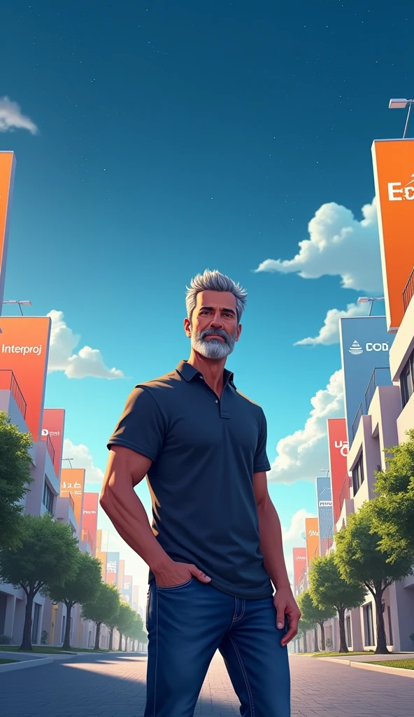 "A residential neighborhood with modern house facades and billboards, each displaying the names of companies: 'INTERPROJ', 'ECOCIL', 'CYRELA', 'HABITAX', 'PDG', 'ABREU', 'ANDORRA'. In front of these houses, a modern man around 4, with an athletic build, stands confidently. He is dressed in jeans and a polo shirt, with short, neatly styled gray hair featuring a small quiff, and a gray beard. The sky above is clear and deep blue, dotted with stars, creating a serene and calm atmosphere."