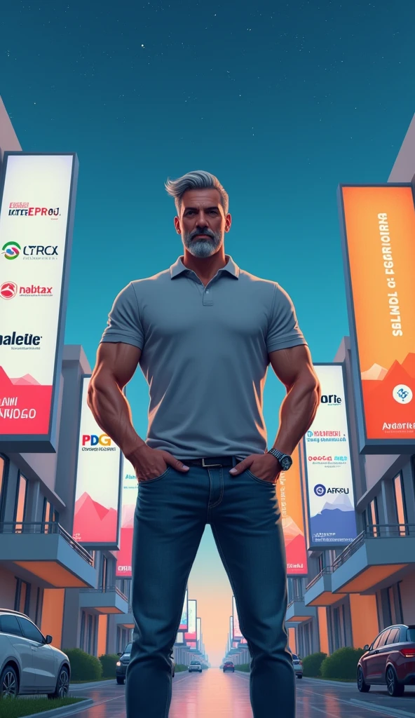 "A residential neighborhood with modern house facades and billboards, each displaying the names of companies: 'INTERPROJ', 'ECOCIL', 'CYRELA', 'HABITAX', 'PDG', 'ABREU', 'ANDORRA'. In front of these houses, a modern man around 4, with an athletic build, stands confidently. He is dressed in jeans and a polo shirt, with short, neatly styled gray hair featuring a small quiff, and a gray beard. The sky above is clear and deep blue, dotted with stars, creating a serene and calm atmosphere."