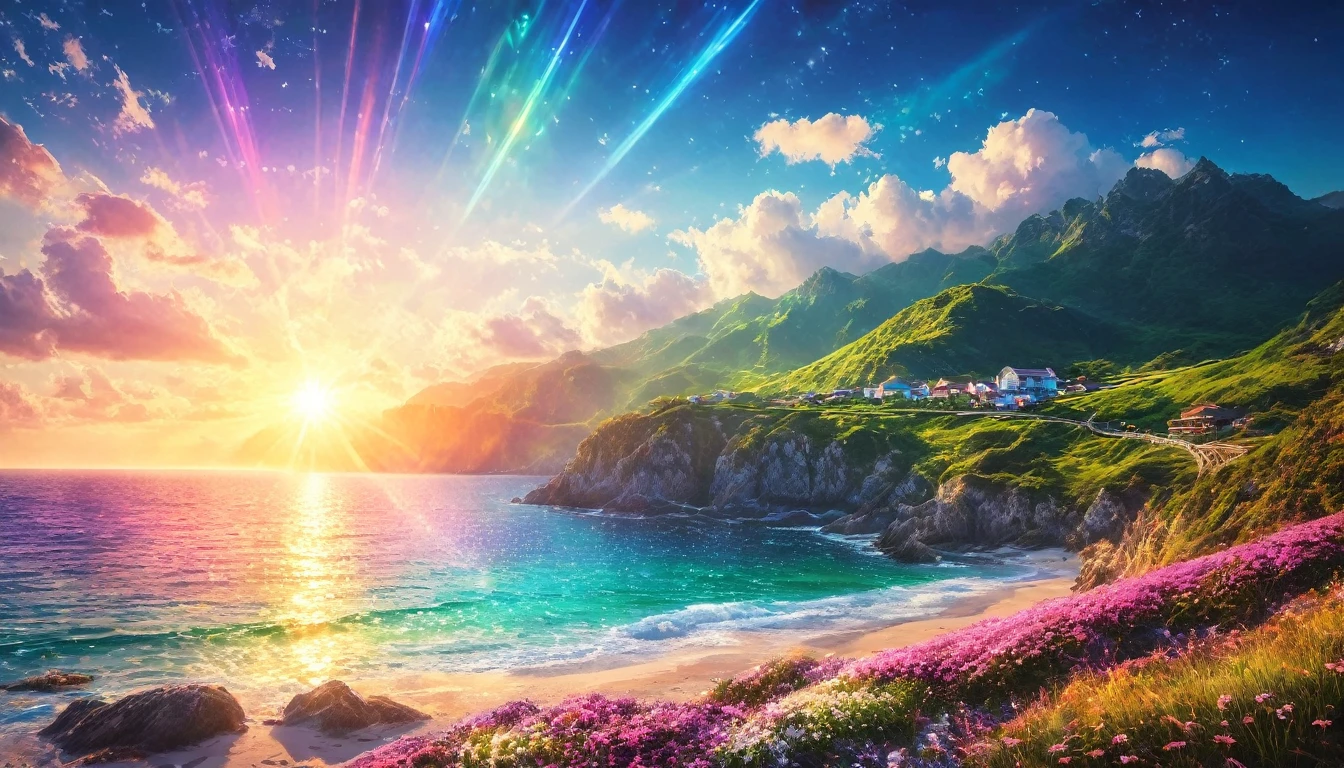 Portrait Photography、{{masterpiece}}, Highest quality, Highly detailed Unity 8k wallpaper, Cinema Lighting, Lens flare, Landscapes with beautiful details, You can see the ocean, colorful light, particle, Heterochromia iridis, (colorful:1.5),