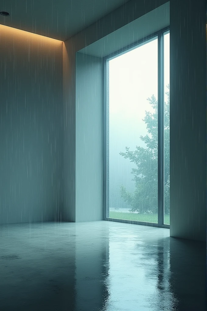 In an empty big room it's raining outside and the windows are open and the whole room is decorated with beautiful light.