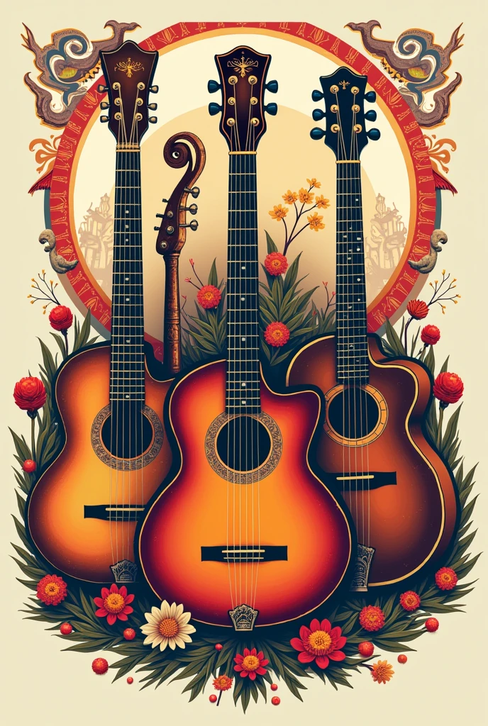 Tshirt print with instruments like sarangi mandolin guitar and madal logo with essence of nepal and newari culture