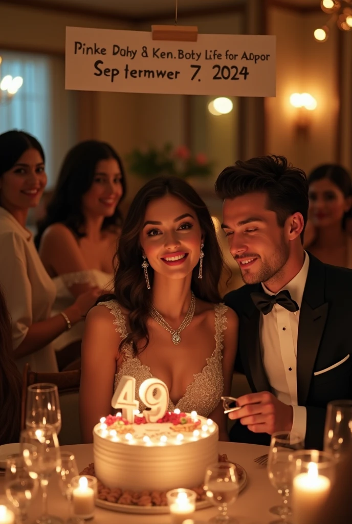 49th birthday celebration dinner showing 1 extremely beautiful lady and 1 good looking gentleman wearing upscale attires, the lady is wearing a diamond necklace with a cross at the end, hyper realistic, UHD image, romantic vibe. Both people are facing camera. The gentleman is giving a birthday give to the lady. There is a cake with candle number 49 and message "for Diah". A banner behind with showing the date of 07 September 2024. Surrounding with friends and relatives