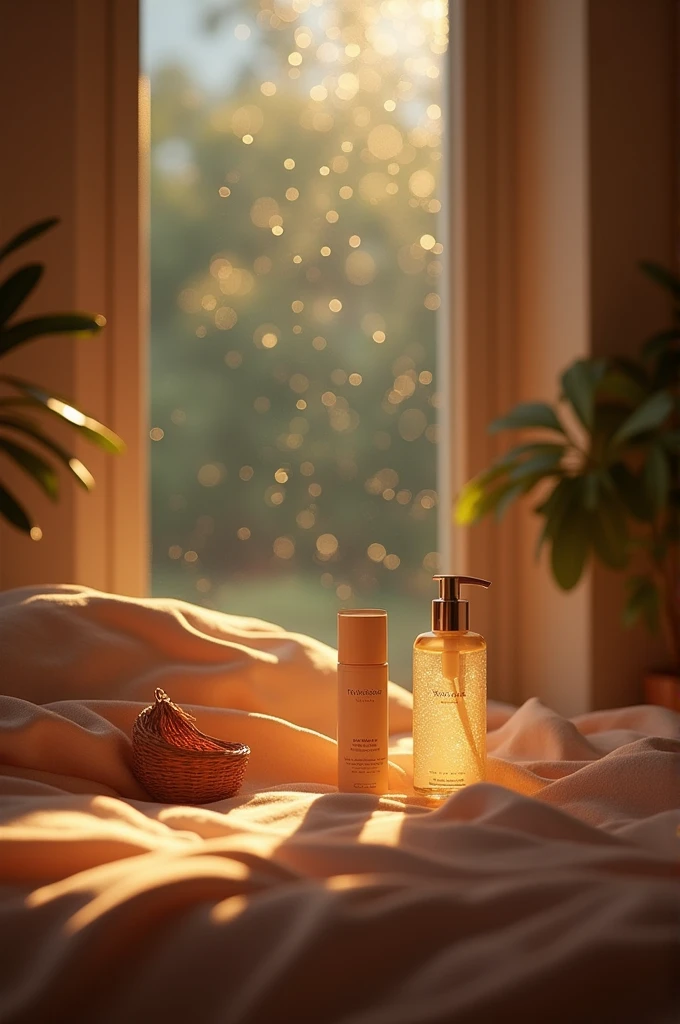 A cozy indoor scene with a warm-toned light, rain pouring outside the window, and your skincare products arranged aesthetically.