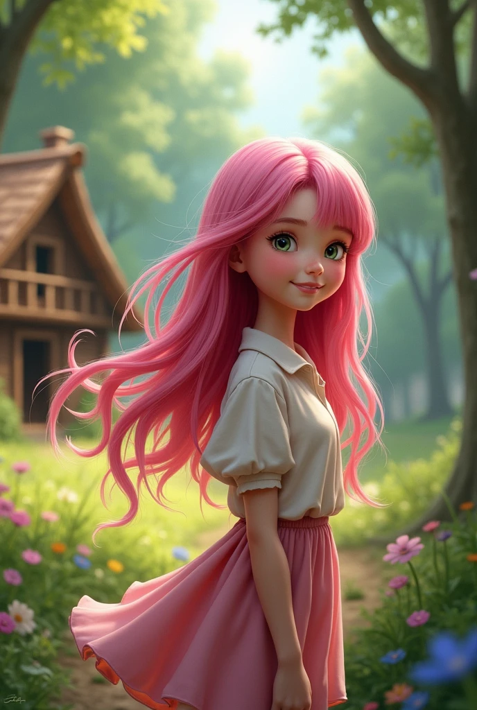 Pink haired girl with a cabin in the background