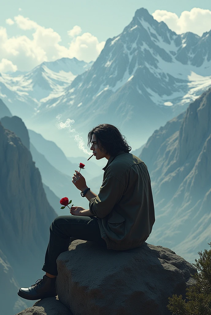 A young man sitting alone on a rock in the middle of the mountains with a cigarette in his hand and smoke coming out of his mouth and holding a rose in one hand with long hair and beard and a very emotional face