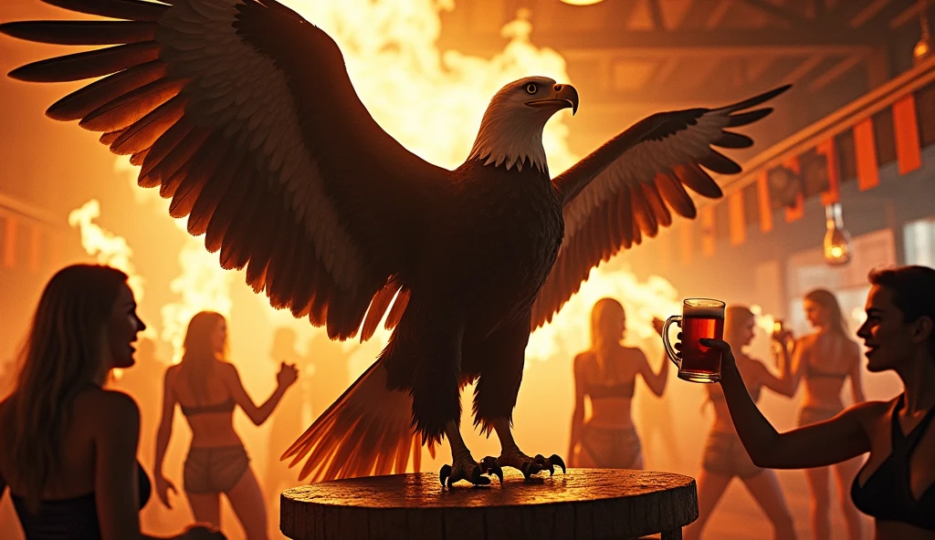 Eagle in fire drinking beer with german dancing bikergirls in german cafe in fire