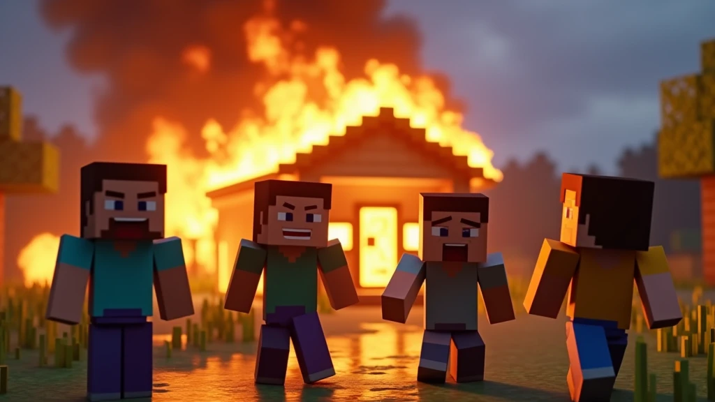 A Minecraft-themed scene with a pixelated house on fire in the background, flames, and smoke rising from the structure. In the foreground, four Minecraft characters (with blocky bodies and pixelated faces) are standing, each with different expressions like shock, fear, or determination. The characters should be wearing typical Minecraft outfits and be in various poses reacting to the burning house. The overall scene should be vibrant and attention-grabbing, perfect for a YouTube thumbnail 8k