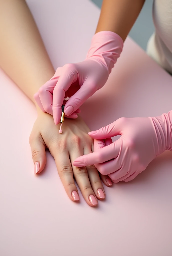 2D image of a hand with the nail being painted, In the image I only want to show the hand that is being made up and the hand that is doing the make up, which will be wearing pink gloves., only two hands appear