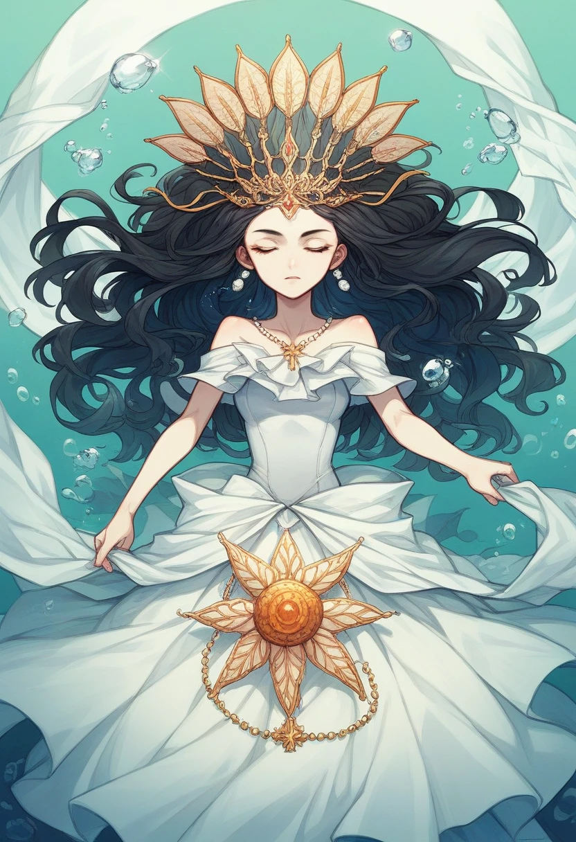 Create a majestic image of Yemanja, The Goddess of Waters, represented as a black woman of serene beauty and power. She is emerging from the ocean, with long, wavy black hair flowing in the wind, adorned with pearls and shells. Your skin glows softly in the moonlight, and she wears a light blue and white dress, that mixes with the waves. Ao redor dela, The sea is calm, reflecting the moonlight and the brightness of the stars. Iemanjá wears a silver crown and holds a hand mirror decorated with marine details.. No fundo, there are fish, corals and dolphins swimming, all revering his divine presence. The scene is serene, mystical and full of reverence, highlighting its deep connection with water and nature
