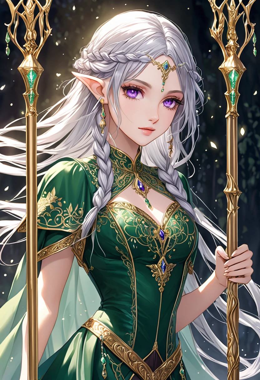 “A slender, ethereal elf maiden with cascading silver hair adorned with delicate braids and jeweled pins, wearing a flowing, emerald-green gown embroidered with intricate gold patterns, a leather corset cinching her waist, and a pair of knee-high, lace-up boots; her piercing violet eyes are framed by long, fluttering lashes, and she carries a staff topped with a glowing crystal.”
