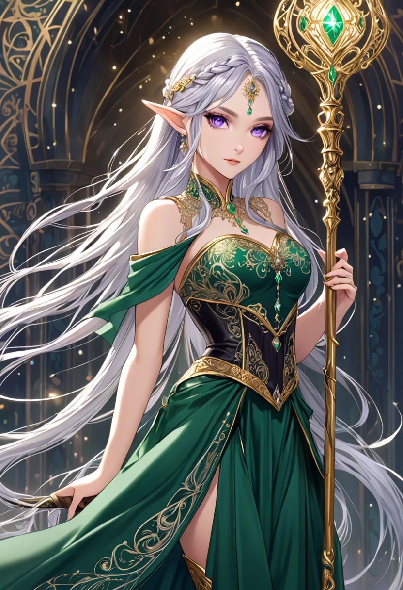 “A slender, ethereal elf maiden with cascading silver hair adorned with delicate braids and jeweled pins, wearing a flowing, emerald-green gown embroidered with intricate gold patterns, a leather corset cinching her waist, and a pair of knee-high, lace-up boots; her piercing violet eyes are framed by long, fluttering lashes, and she carries a staff topped with a glowing crystal.”


