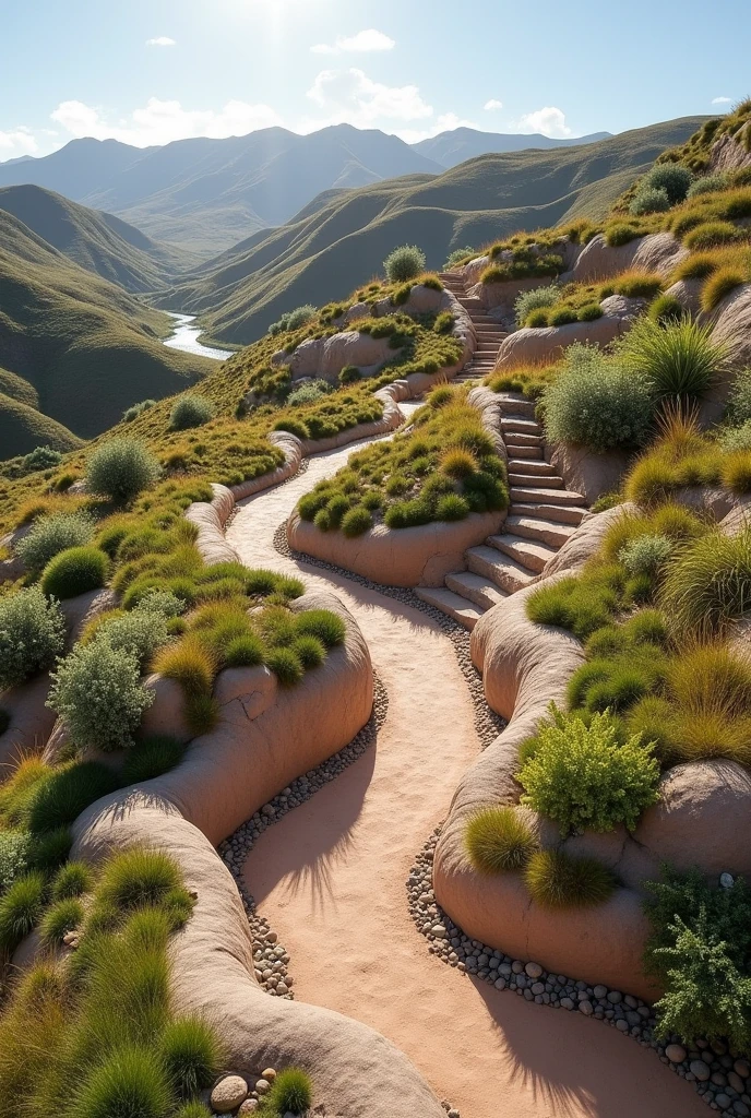Generates a work of Land art located in El Puerto de Taquile in Puno, Peru with local materials, that it is attractive and with vegetation, that are not rough, that have a good design 