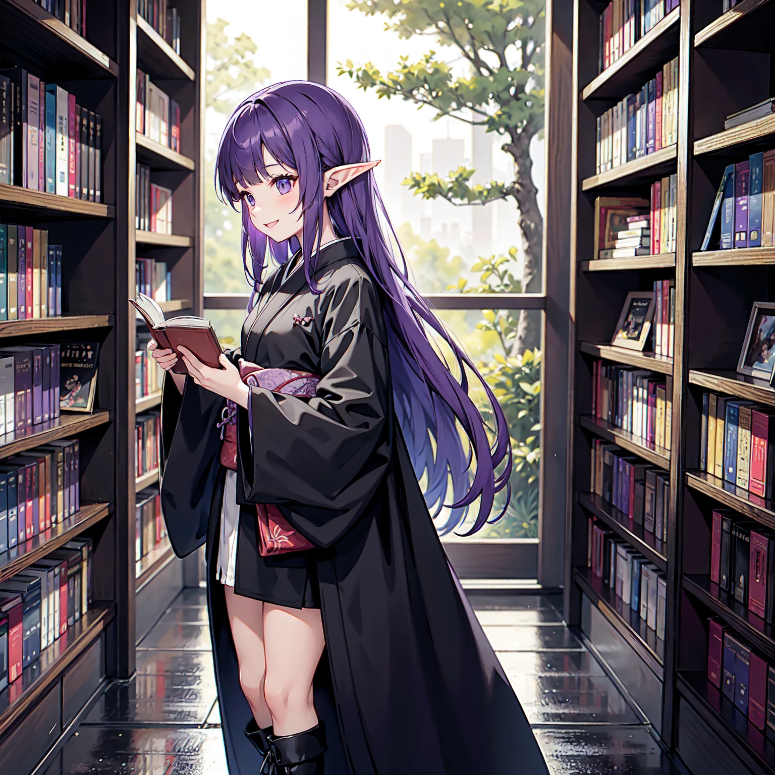 A girl takes a book from a bookshelf. She is fishing through the bookshelf. Which book shall I choose? A happy smile. Vivid. Nostalgic. Purple hair. A girl with long purple hair. Pointy elf ears. Her clothes are simple: a black robe with wide sleeves and a black miniskirt. Her knees stick out. V-shaped white inserts on the front like a kimono. Black boots. Standing figure. BACKGROUND: Outside window in woods, night, heavy rain, library, no other people. Unoccupied, dilapidated library. Lots of bookshelves lined up. Outside, night, rain, forest.