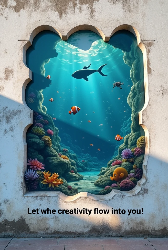 A poster on a exterior wall of aquarium, Cut into the shape of letters, (text:"sea art") The word, Draw inside the cutout, BREAK Art that inspires creators to create images, BREAK Add text to the bottom of the screen, (text:"Let the creativity flow into you!”).
