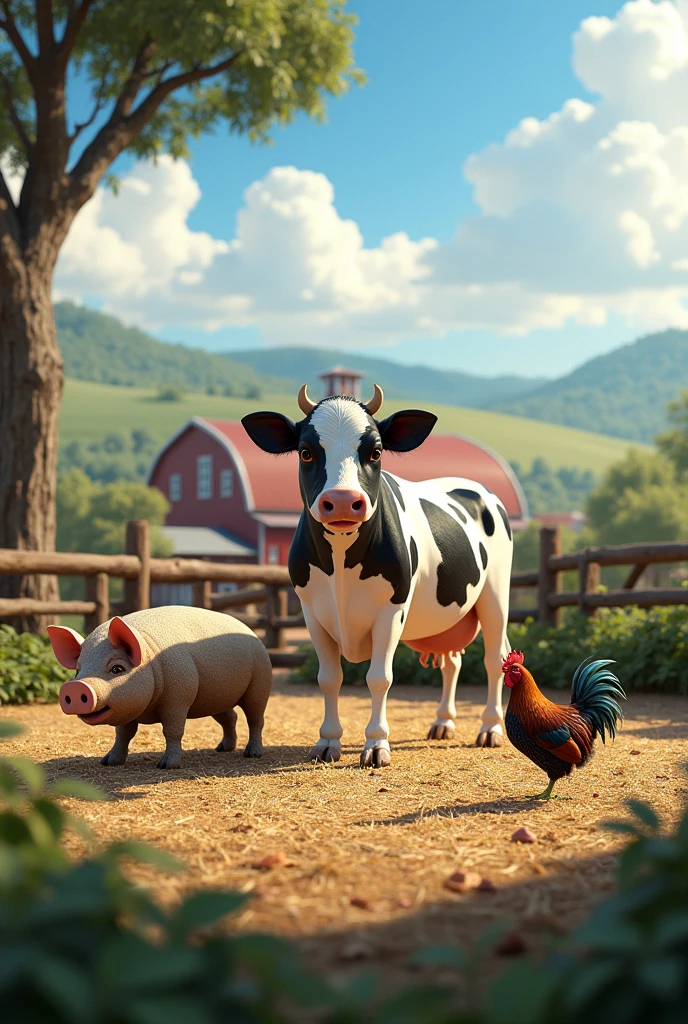 A corral on a farm with a cow, a pig and a chicken, photorealism