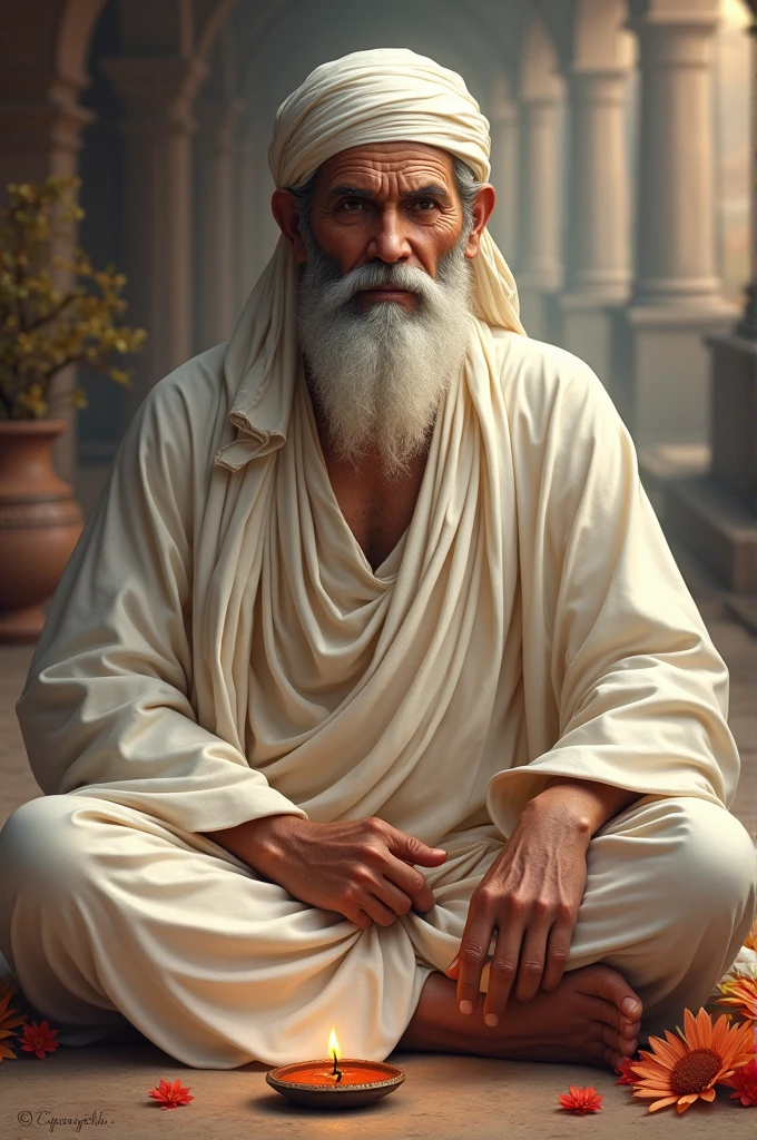 Create an ultra-realistic and highly detailed portrayal of Lord Sai Baba, a revered spiritual figure from Shirdi. He should be depicted seated on a simple stone or wooden platform, cross-legged, in a traditional and peaceful pose. Sai Baba is dressed in a plain white kafni (robe) with a white cloth tied around his head as a bandana, leaving his forehead and gentle facial features clearly visible. His face should reflect wisdom, serenity, and kindness, with deep, compassionate eyes that convey a sense of inner peace and spiritual depth. His beard and mustache are well-groomed, with fine details showing the texture of his hair.His right hand should be raised in the Abhaya Mudra (gesture of blessing and protection), while his left hand rests gently on his knee. Pay close attention to the fine lines and wrinkles on his face and hands, symbolizing his life of spiritual service and wisdom.The background should be subtle but evocative, perhaps featuring the simple architecture of the Shirdi temple or a natural setting like a quiet garden or a distant mountain range, with soft, warm lighting that creates an aura around Sai Baba, highlighting his divine presence. Add subtle elements like incense smoke curling in the background, flowers, or a diya (oil lamp) to enhance the spiritual ambiance. The overall color palette should include earthy tones with soft lighting that accentuates the details of his attire and the serene expression on his face.